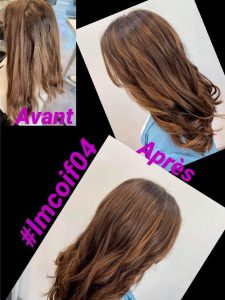 Coloration et coupe sur cheveux bruns ondulés