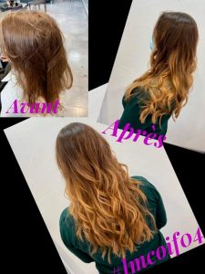 Coiffure cheveux longs ondulés et coloration miel