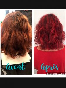 Coloration rouge vif sur cheveux au carré ondulés
